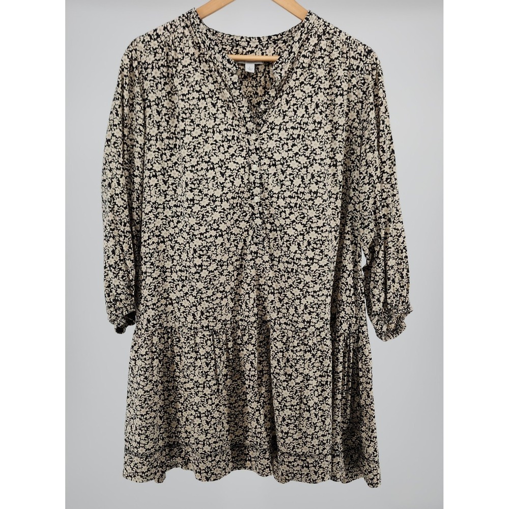 Free Assembly Womens Floral Tiered Prairie Dress Black Cream Long Sleeve Large